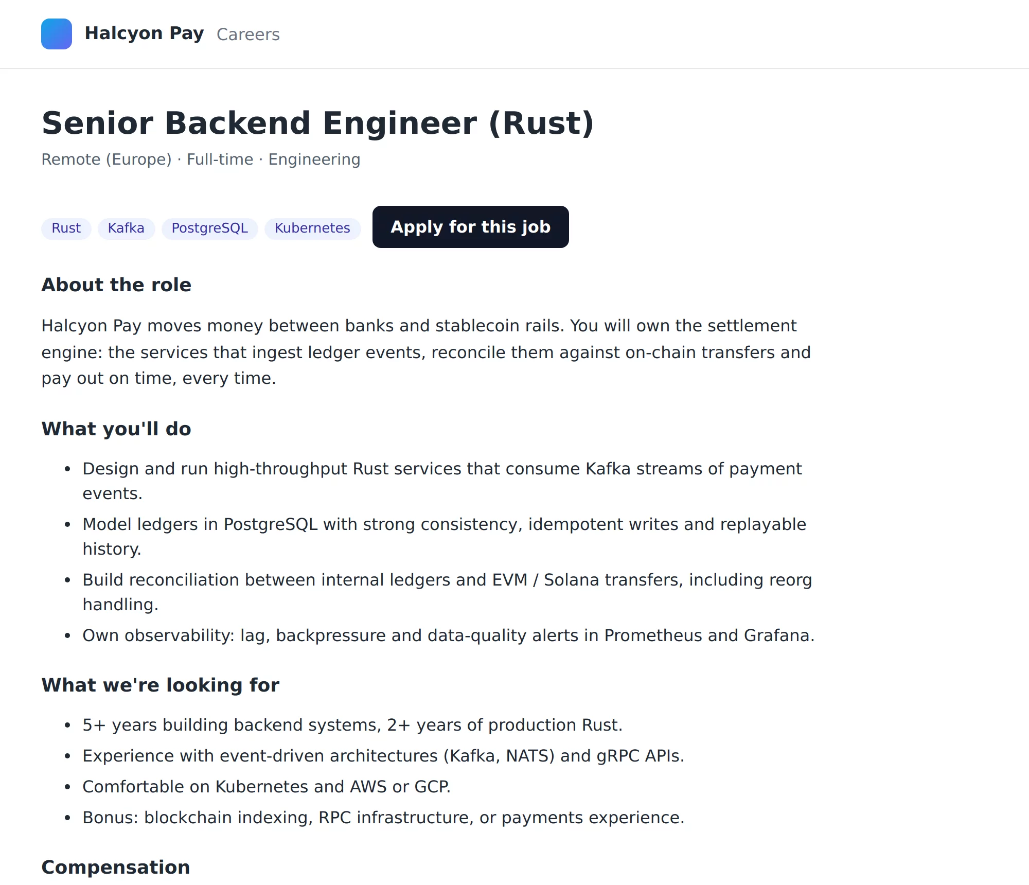 A demo job posting: Senior Backend Engineer (Rust) at Halcyon Pay