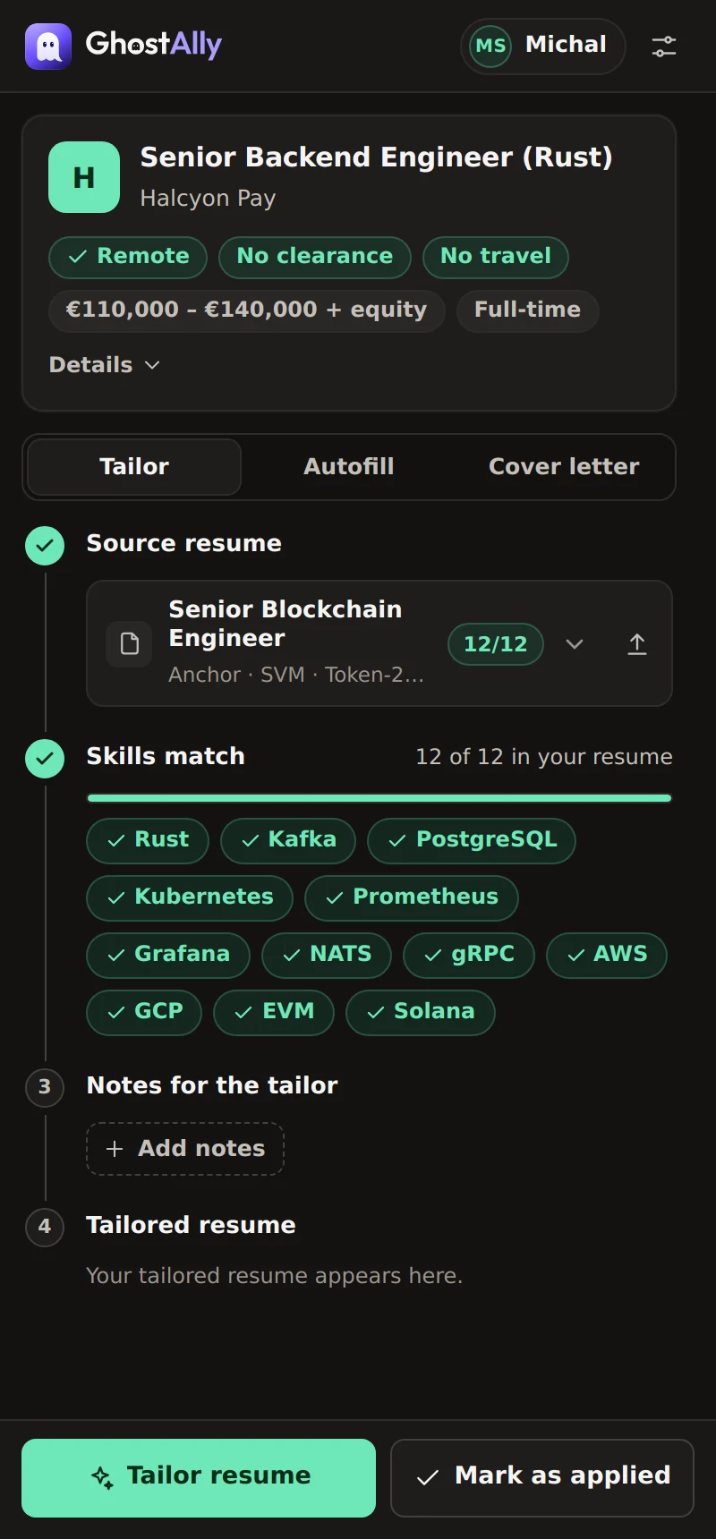 Apply Helper side panel: the job is detected, 12 of 12 skills match the selected resume, with Tailor resume and Mark as applied buttons