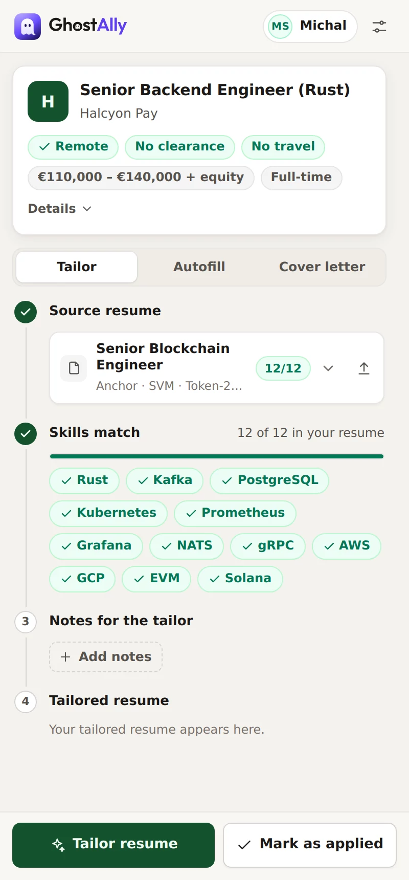 Apply Helper side panel: the job is detected, 12 of 12 skills match the selected resume, with Tailor resume and Mark as applied buttons